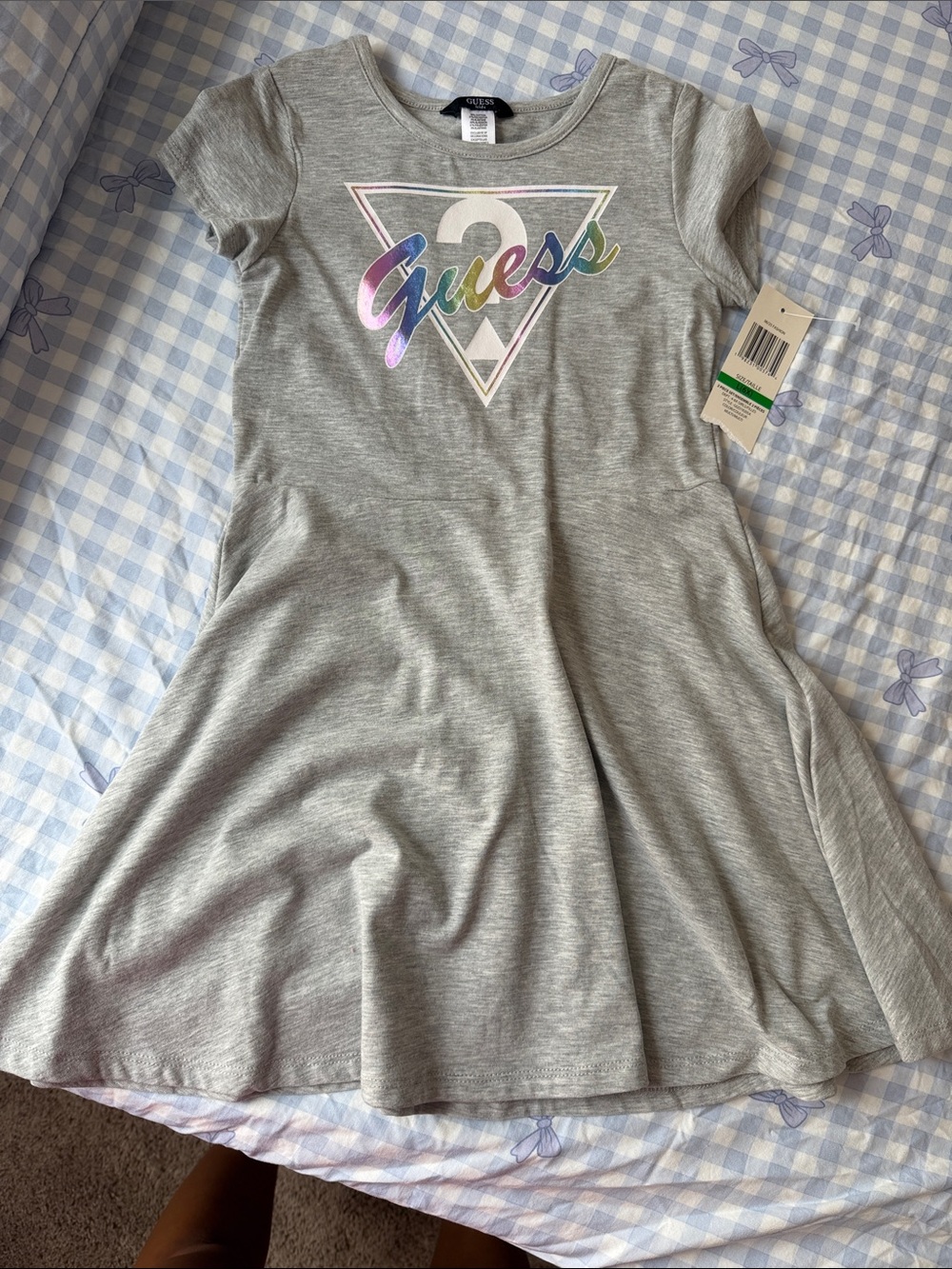 GUESS Girls' Gray Skater Dress with Rainbow Holographic Logo